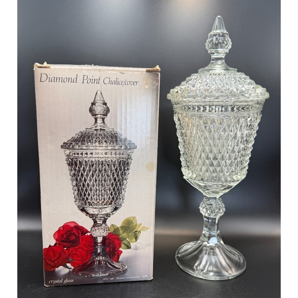 Vtg Indiana Glass 15.75 in Diamond Point Lidded Apothecary Jar Chalice Orig Box